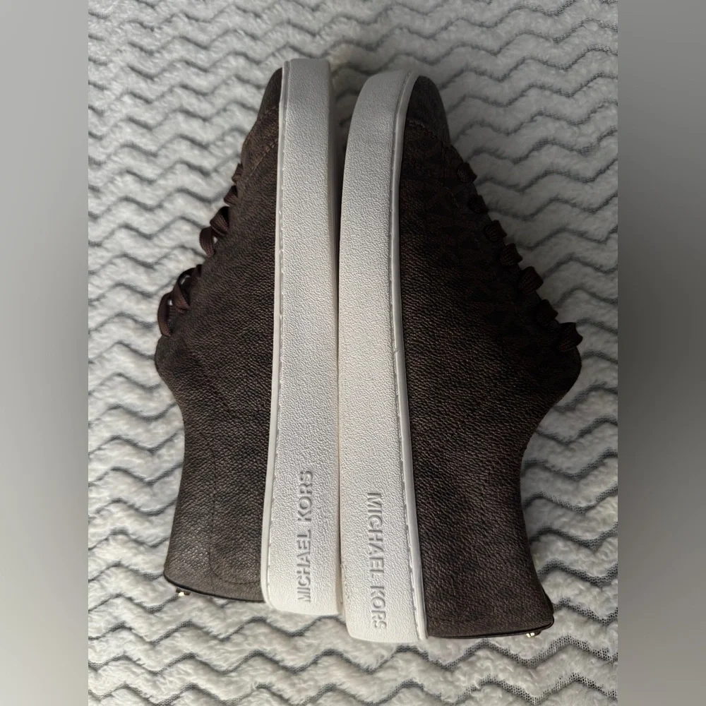 Michael Kors Keaton Brown Gold Logo Round Toe Lace Up Sneakers Shoe Sz 7.5M